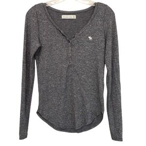 Abercrombie & Fitch Y2K Charcoal Grey Marled Long Sleeve Henley Top Logo XS